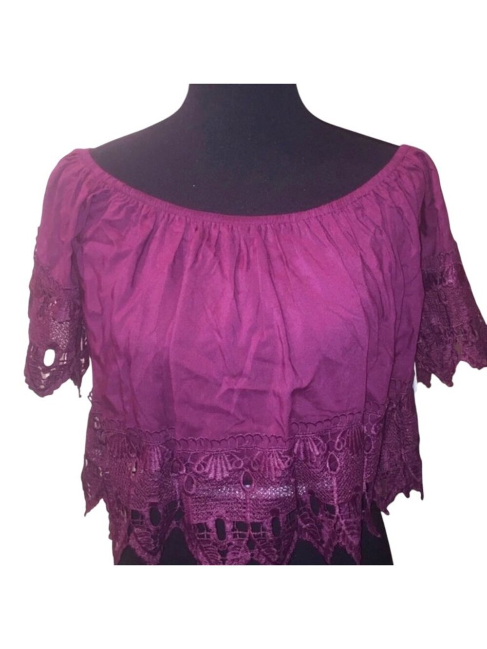 Boho Off-The-Shoulder Magenta Crop Top with Crochet Lace Trim Large NWT